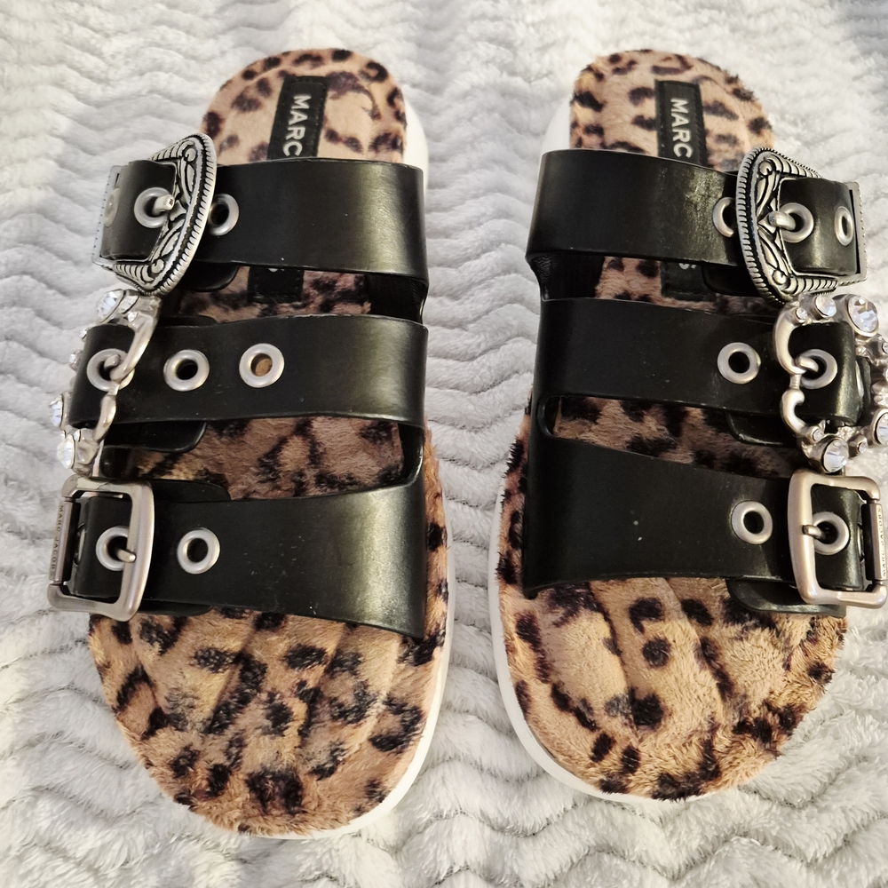 Marc Jacobs Edgy Leopard Print Sandals with Rhinestone Straps - Picture 9 of 10